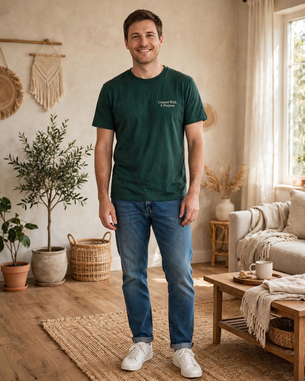 Created With A Purpose Tee - full body view, man in dark green