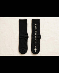 Thumbnail for Black women's socks with cream BE THE LIGHT design down the leg and cross at the toe - faith socks