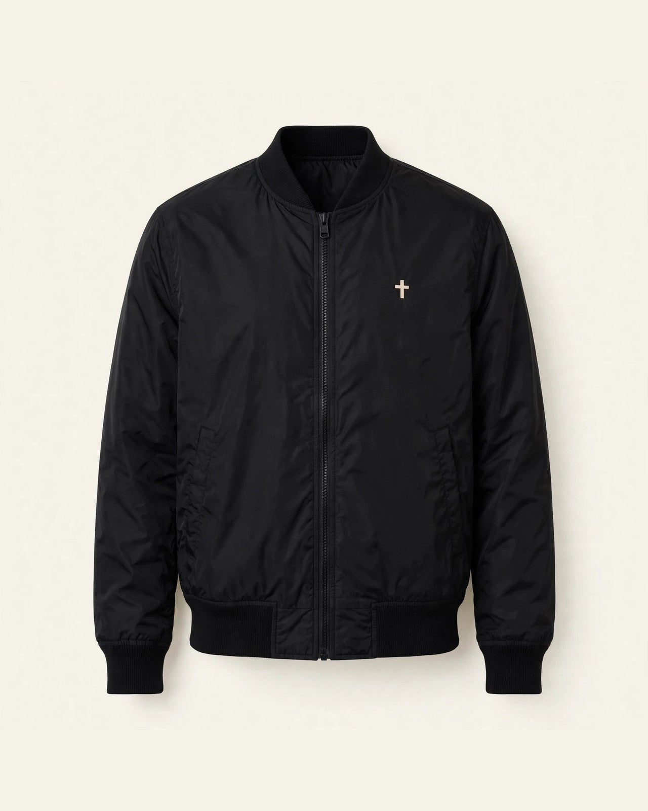 Black men's bomber jacket with small cream cross print on left chest - Christian bomber jacket