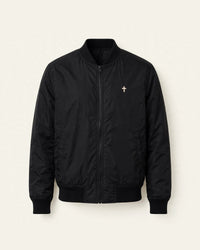 Thumbnail for Black men's bomber jacket with small cream cross print on left chest - Christian bomber jacket