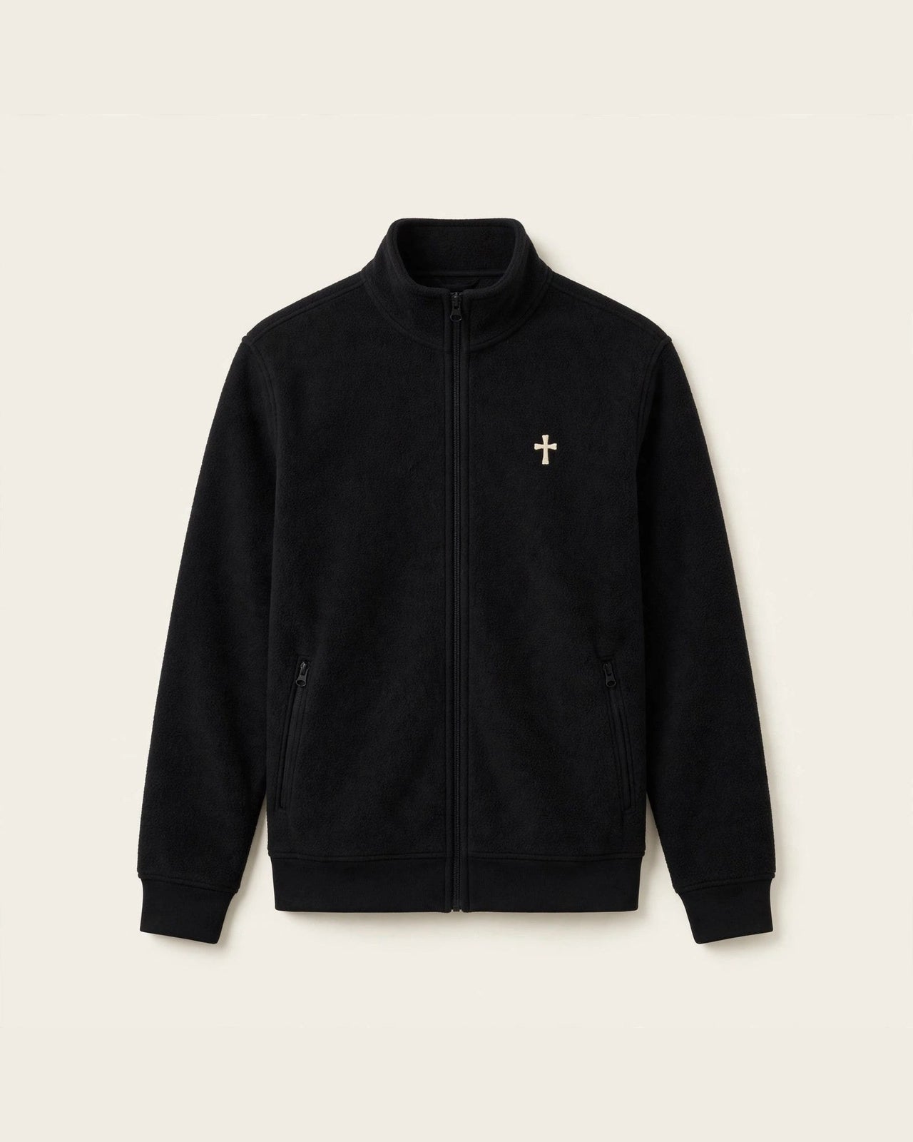 Black men's full-zip fleece jacket with small cream cross print on left chest - Christian fleece jacket
