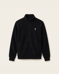 Thumbnail for Black men's full-zip fleece jacket with small cream cross print on left chest - Christian fleece jacket