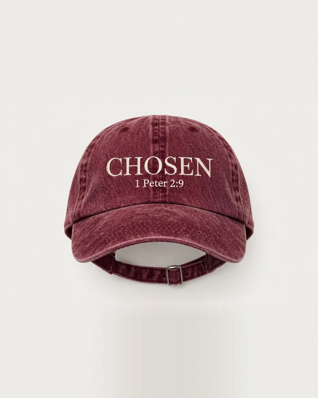 Wine red denim cap with cream CHOSEN 1 Peter 2:9 print - Christian hat