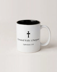 Thumbnail for White ceramic mug with black interior and Created With A Purpose Ephesians 2:10 design - Christian coffee mug