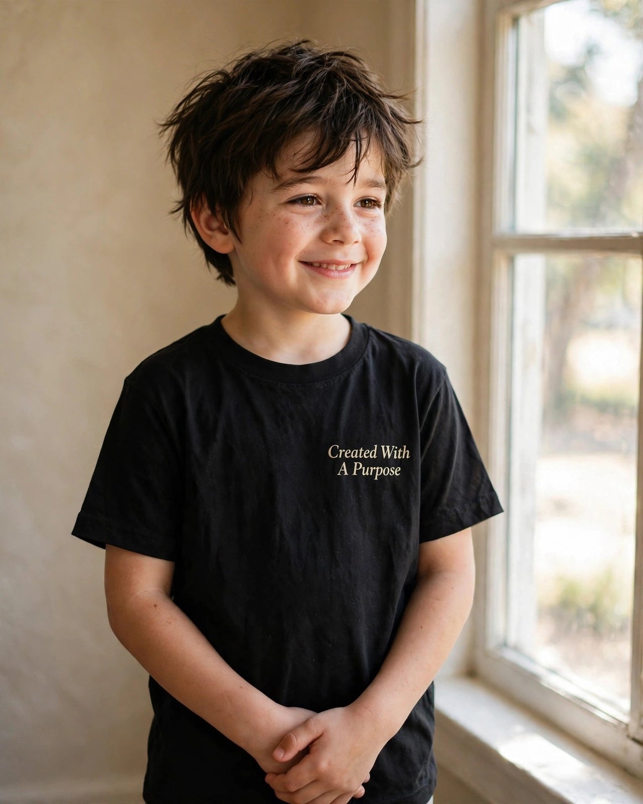 Kids Created With A Purpose Tee - worn front by the window, Black