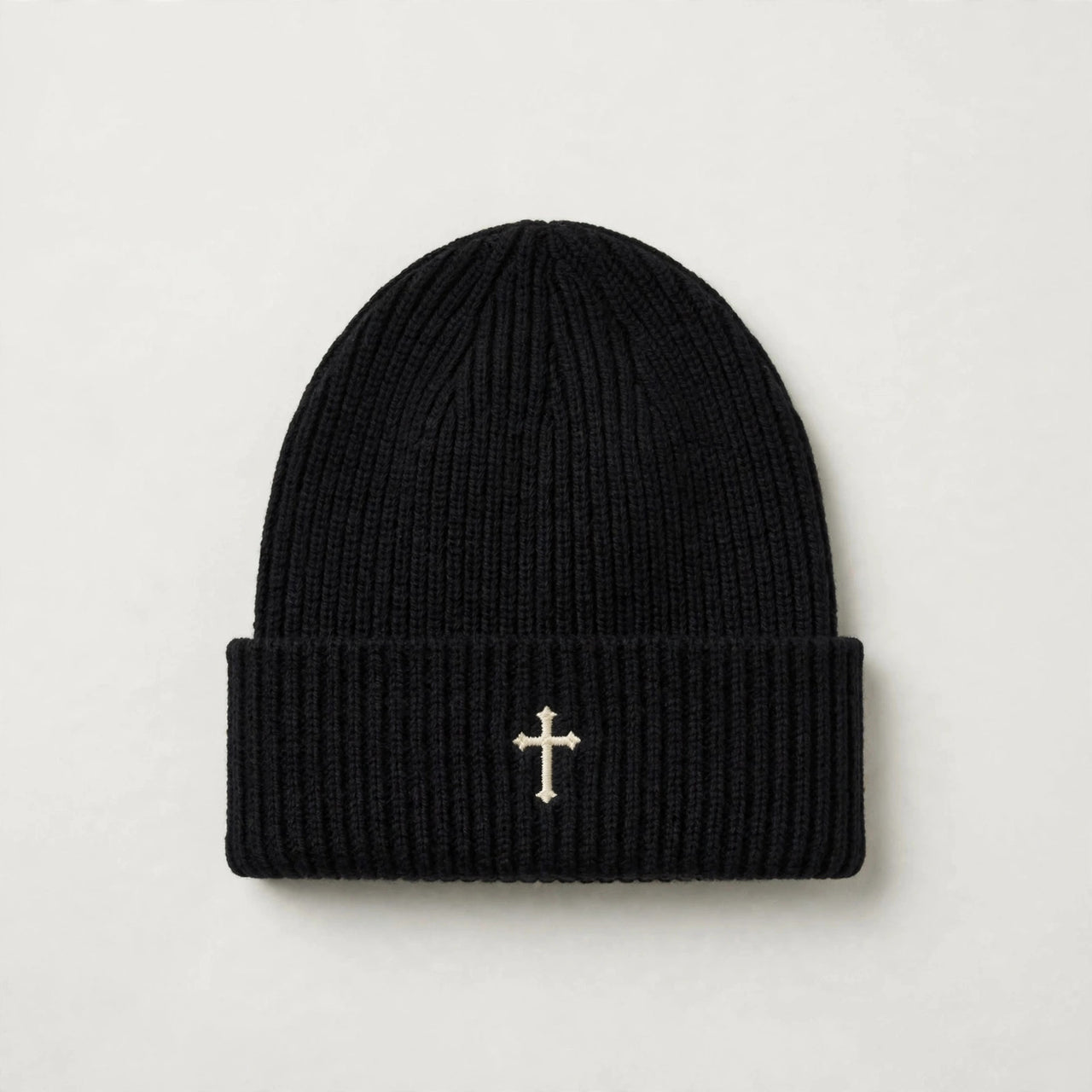 Black knit beanie with cross design on the cuff - Christian beanie