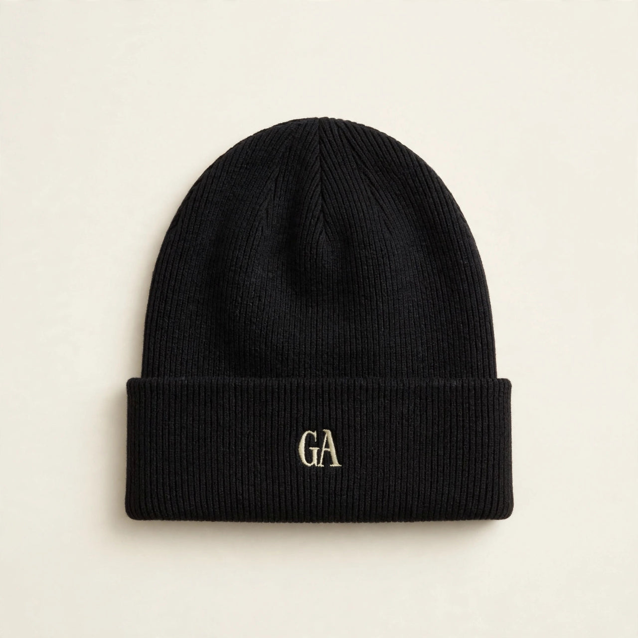Black knit beanie with GA logo design in cream - Christian beanie