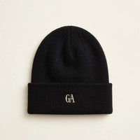 Thumbnail for Black knit beanie with GA logo design in cream - Christian beanie
