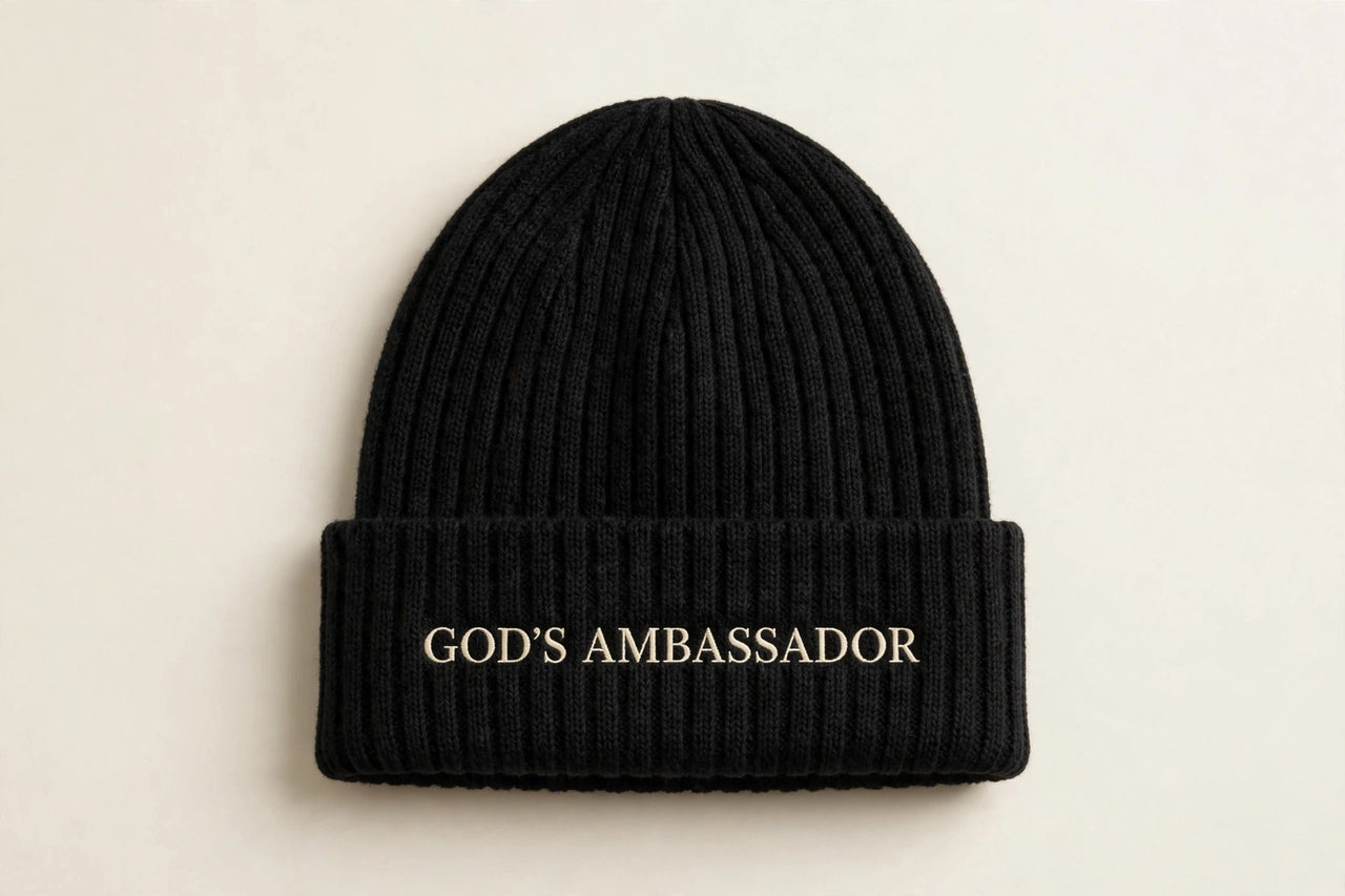 Black knit beanie with God's Ambassador name design in cream - Christian beanie