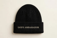 Thumbnail for Black knit beanie with God's Ambassador name design in cream - Christian beanie