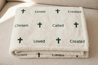 Thumbnail for Cream sherpa fleece blanket with green cross pattern and Chosen, Called, Loved, Created words - Bible verse blanket