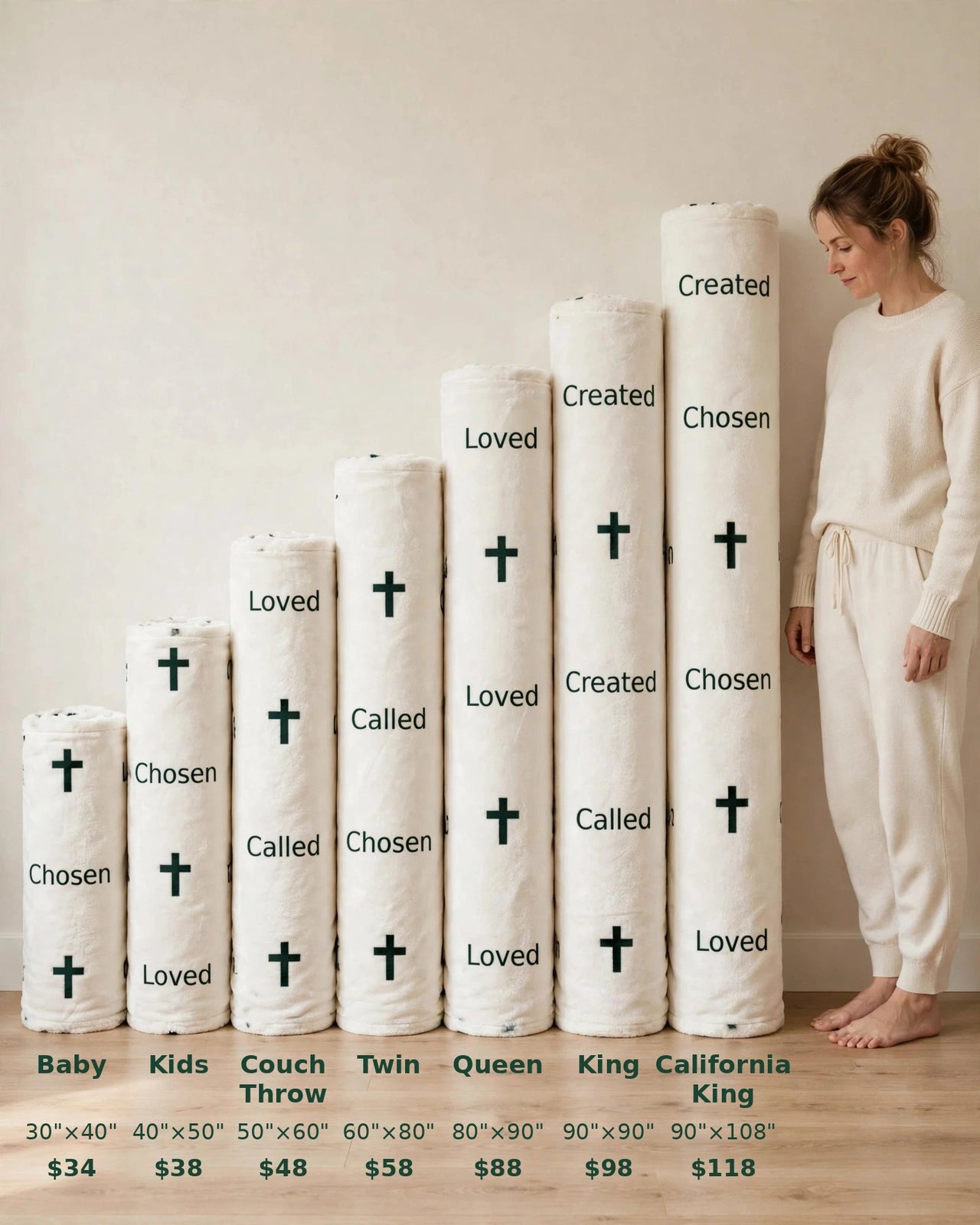 Size guide: all seven blanket sizes next to a person - Baby 30x40, Kids 40x50, Couch Throw 50x60, Twin 60x80, Queen 80x90, King 90x90, California King 90x108 inches