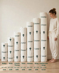 Thumbnail for Size guide: all seven blanket sizes next to a person - Baby 30x40, Kids 40x50, Couch Throw 50x60, Twin 60x80, Queen 80x90, King 90x90, California King 90x108 inches