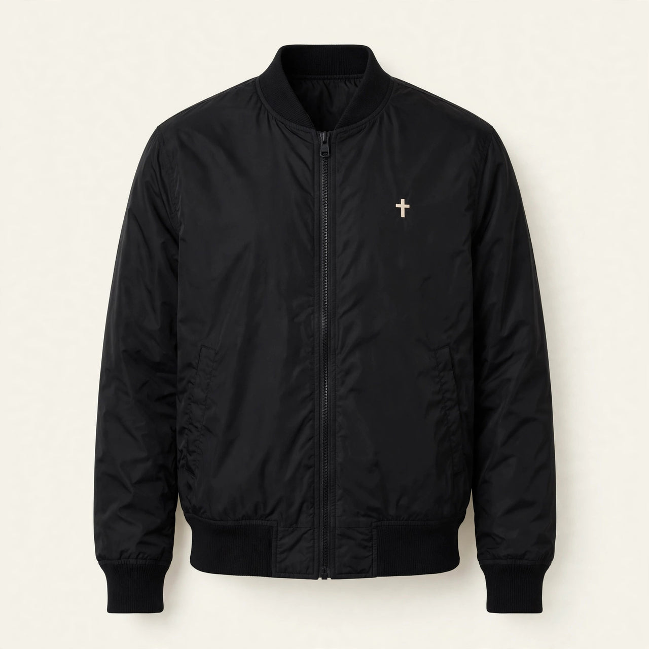 Black men's bomber jacket with small cream cross print on left chest - Christian bomber jacket