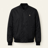 Thumbnail for Black men's bomber jacket with small cream cross print on left chest - Christian bomber jacket