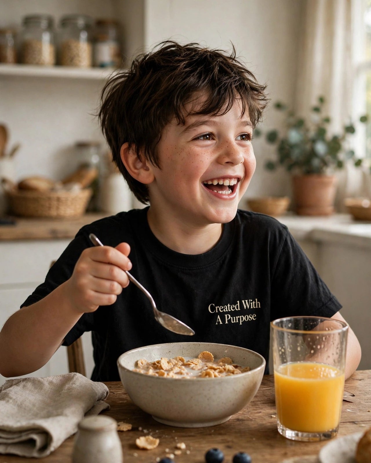 Kids Created With A Purpose Tee - breakfast table at home, Black