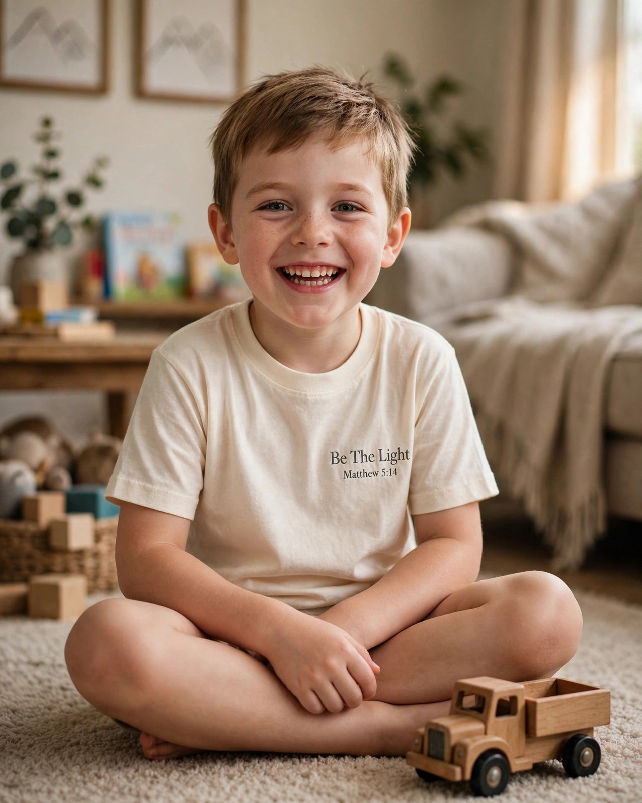 Kids Be The Light Tee - playing on the carpet, Cream