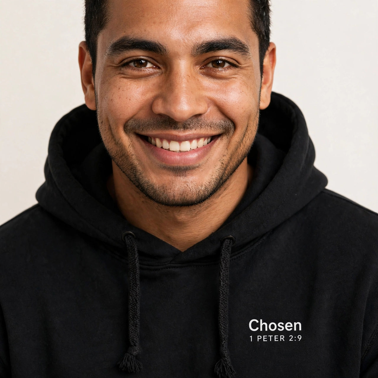 Man wearing the Chosen hoodie in black