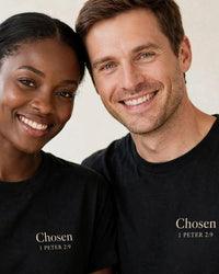 Thumbnail for Couple wearing matching Chosen tees in black