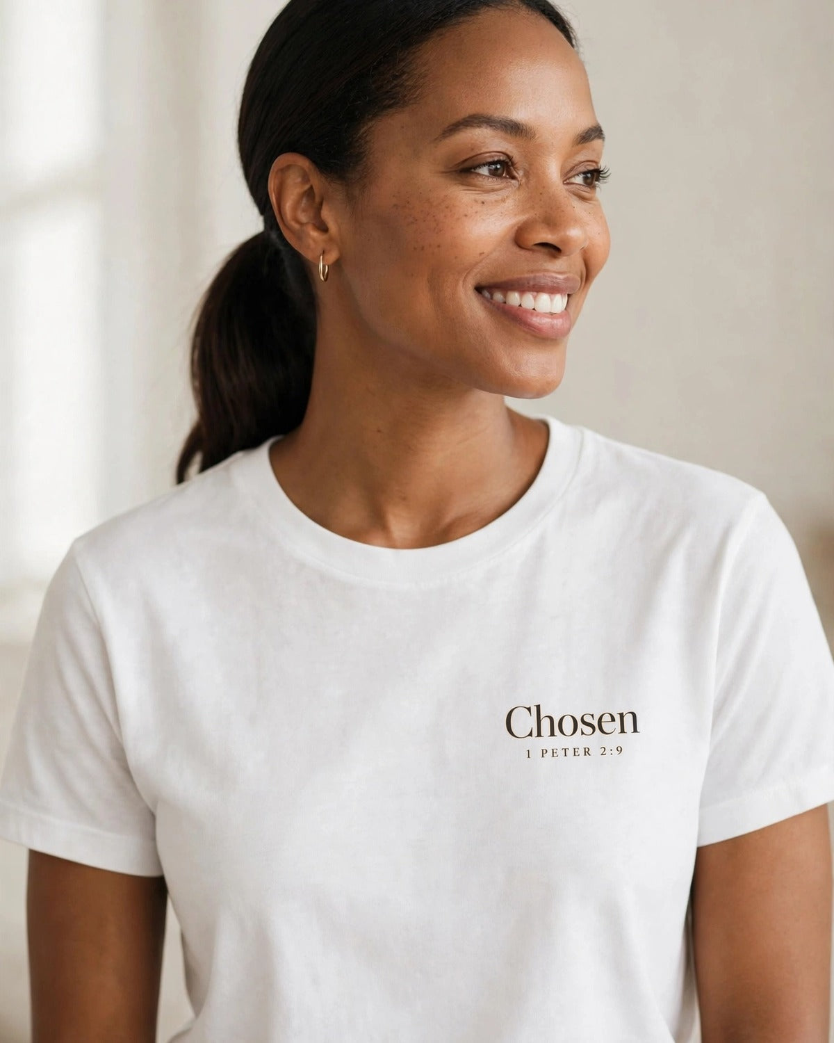 Chosen tee in white, small left-chest print