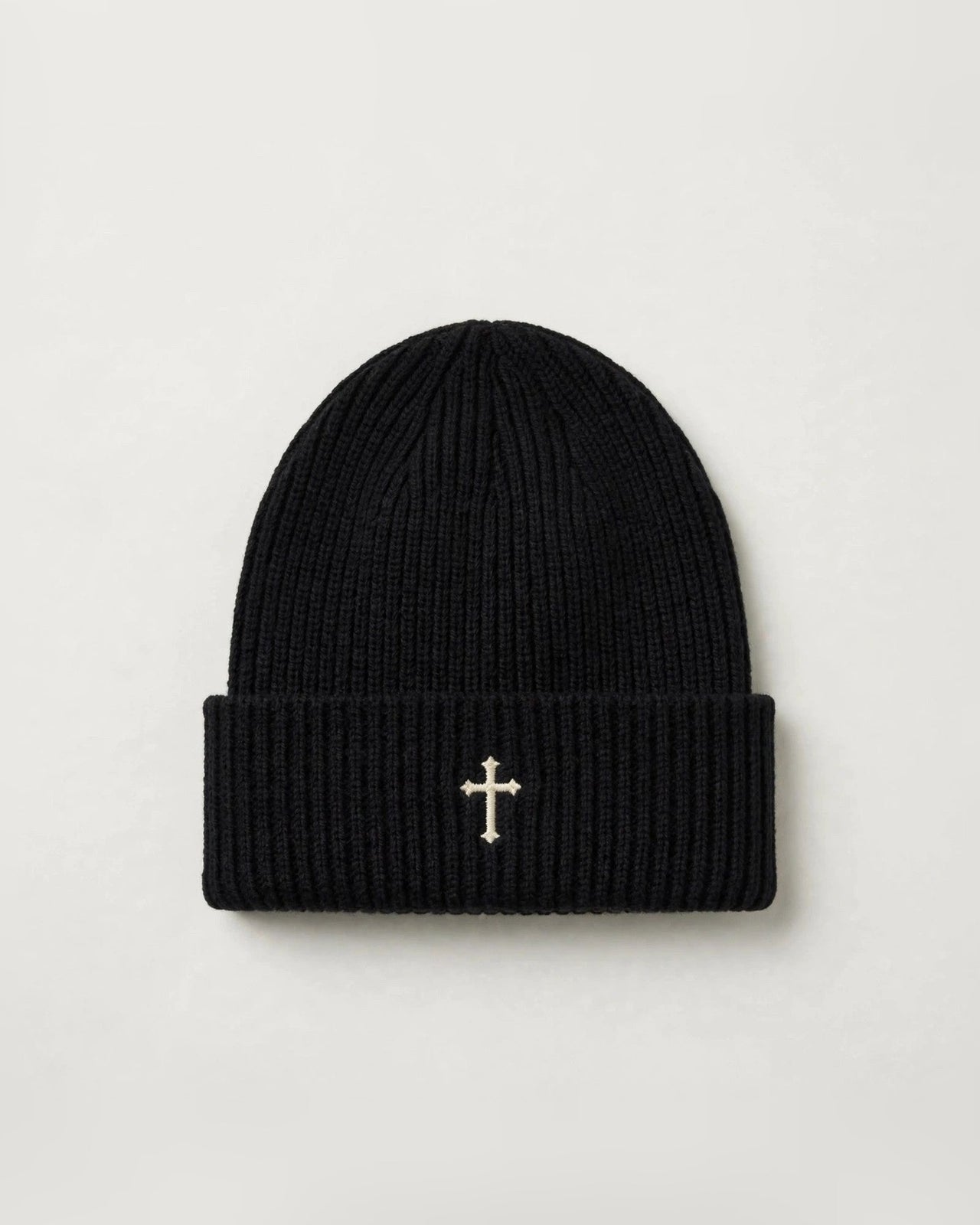 Black knit beanie with cross design on the cuff - Christian beanie