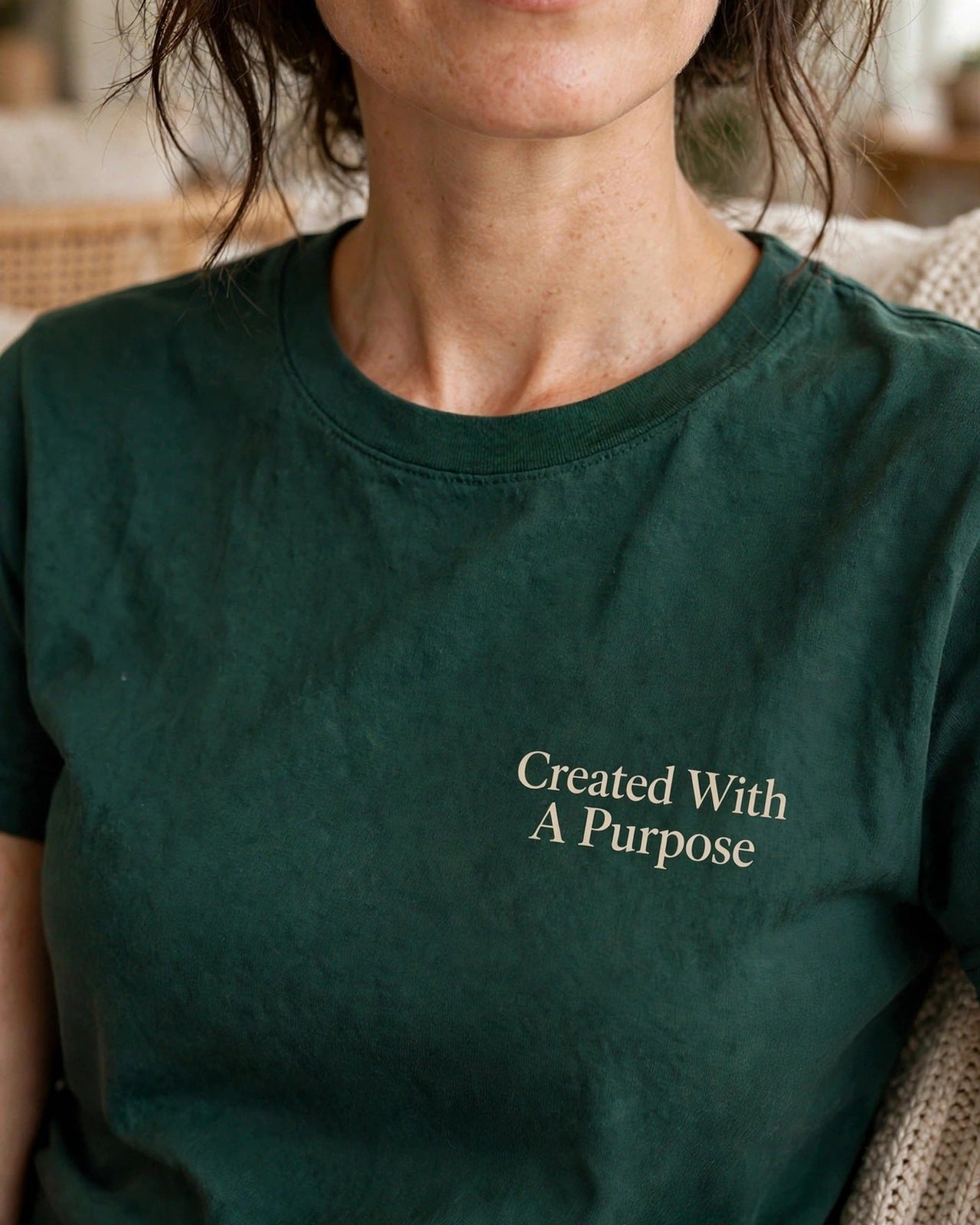 Created With A Purpose Tee - print close-up, woman in dark green