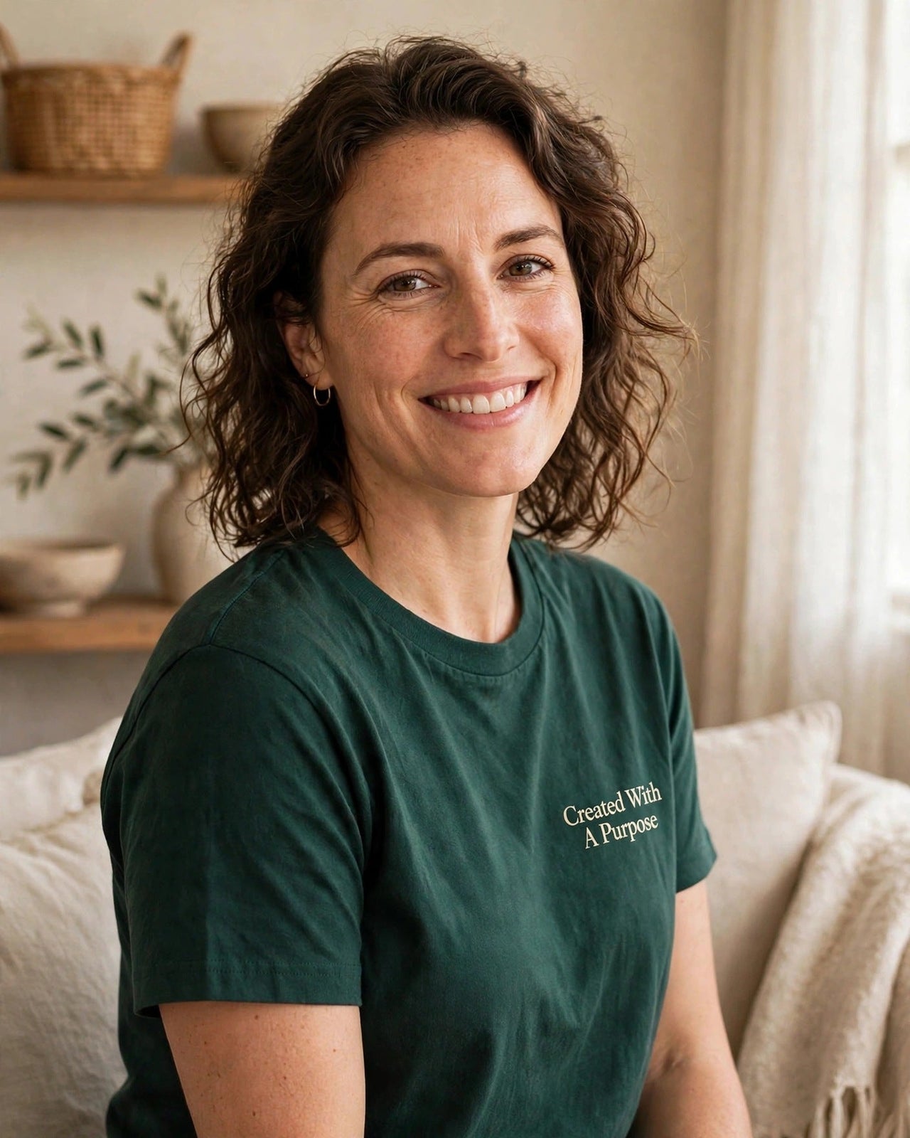 Created With A Purpose Tee - side three-quarter view, woman in dark green