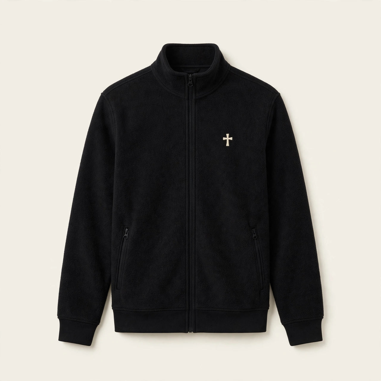 Black men's full-zip fleece jacket with small cream cross print on left chest - Christian fleece jacket