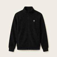 Thumbnail for Black men's full-zip fleece jacket with small cream cross print on left chest - Christian fleece jacket