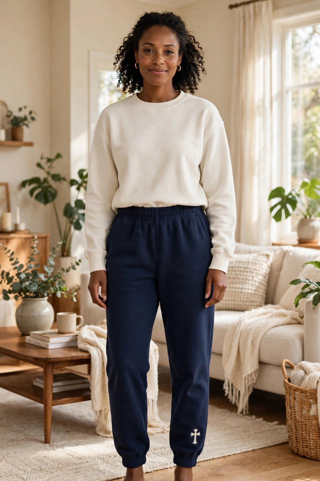 Cross Fleece Jogger in Navy, worn