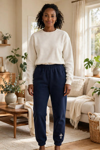 Thumbnail for Cross Fleece Jogger in Navy, worn