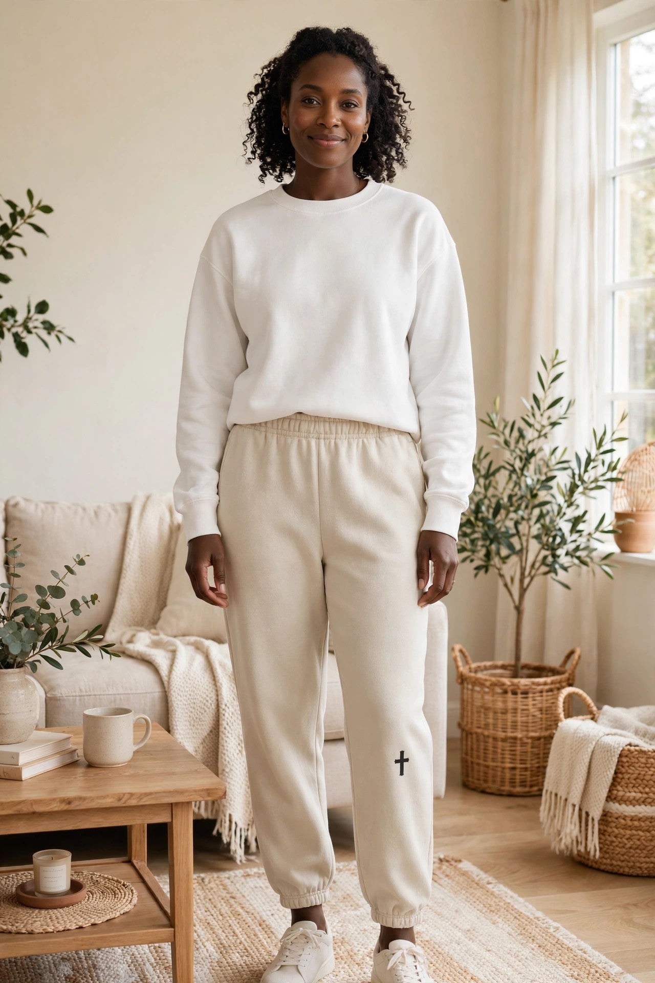 Cross Fleece Jogger in Dust, worn