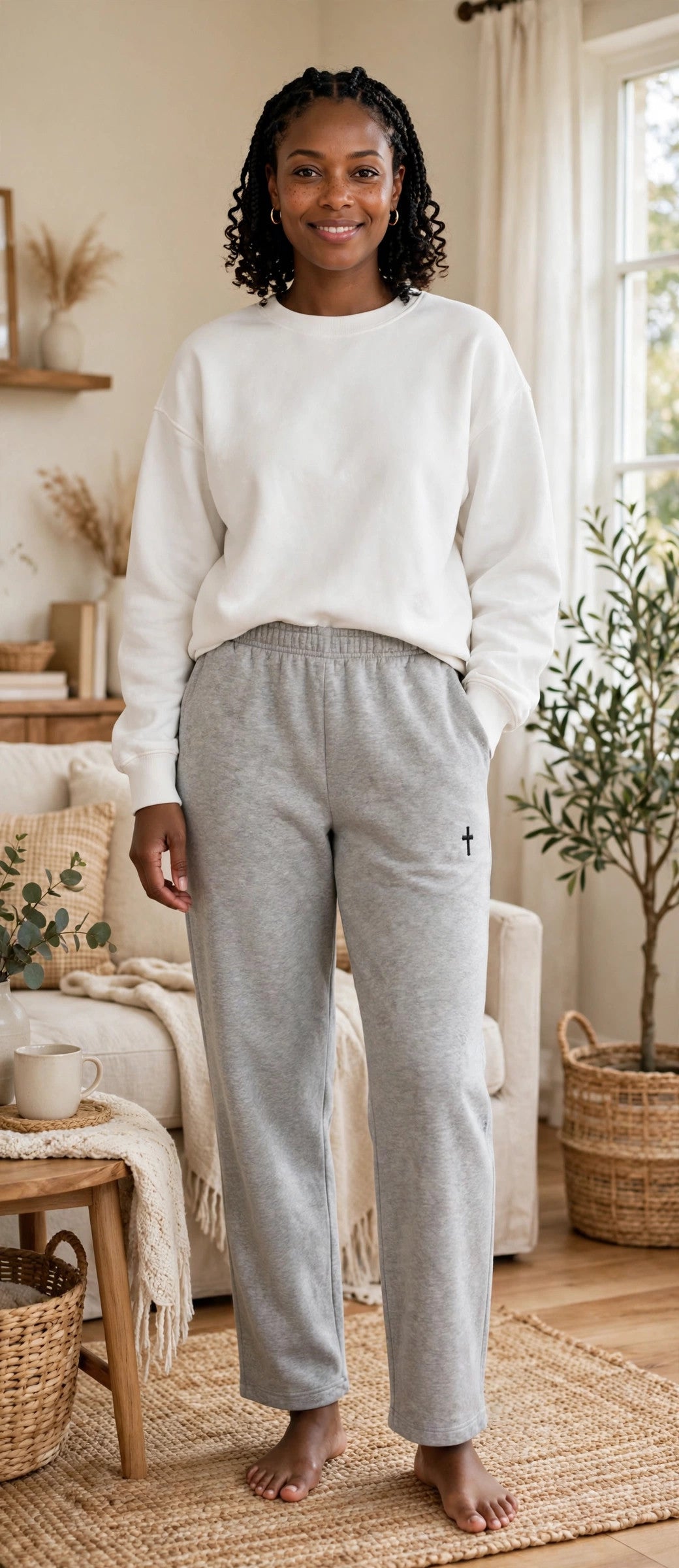 Cross Straight-Leg Pant in Heather Grey, worn