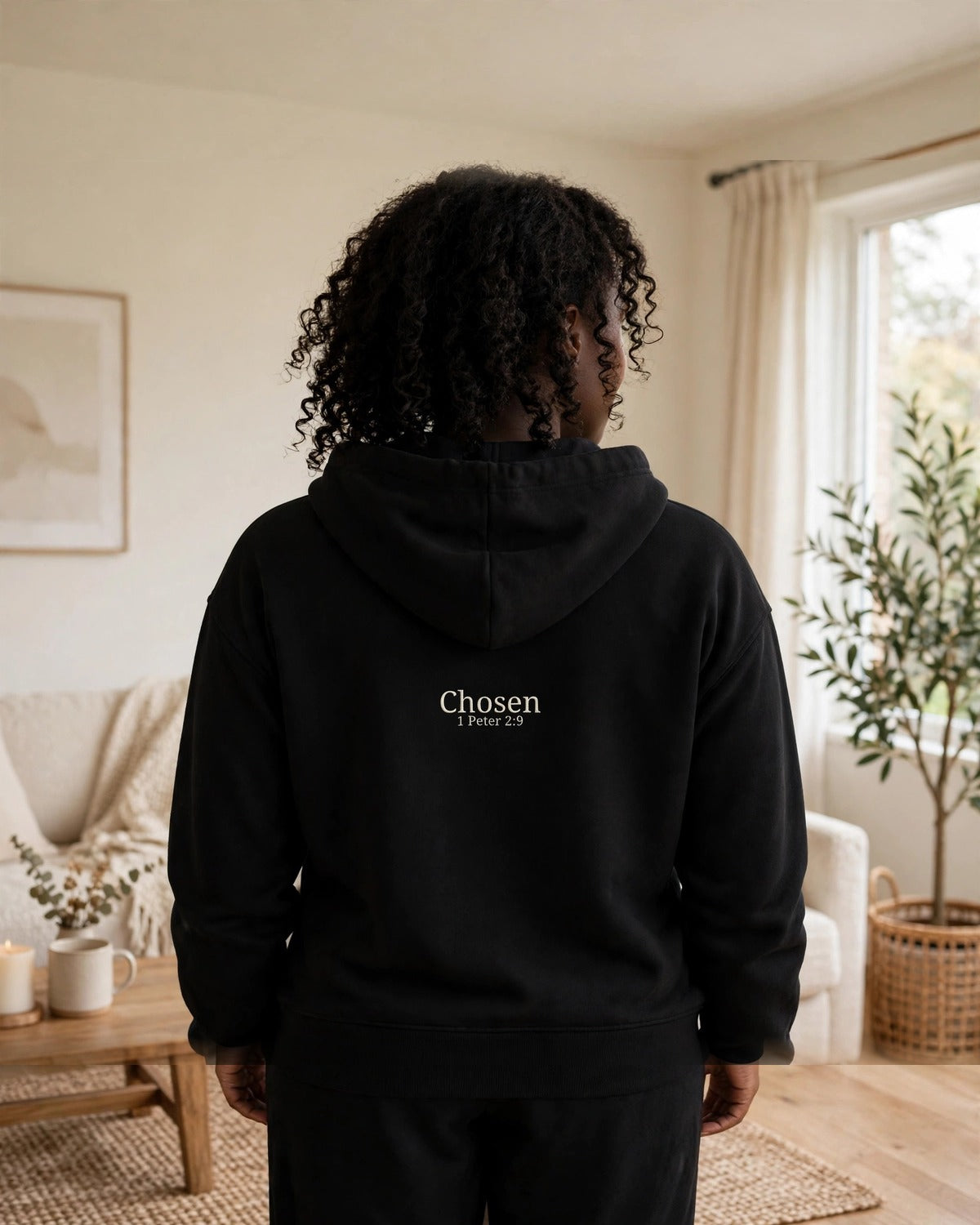 Chosen Full-Zip Hoodie in Black, back view, worn