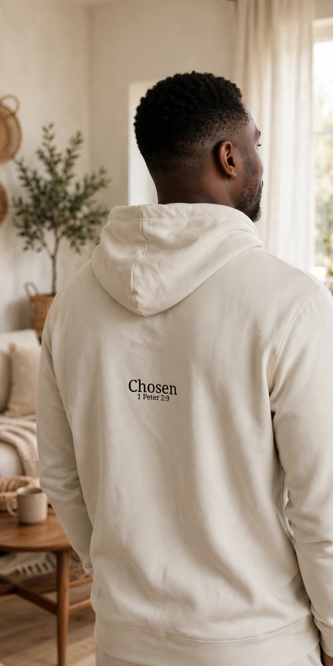 Chosen Full-Zip Hoodie in Dust, back view, worn