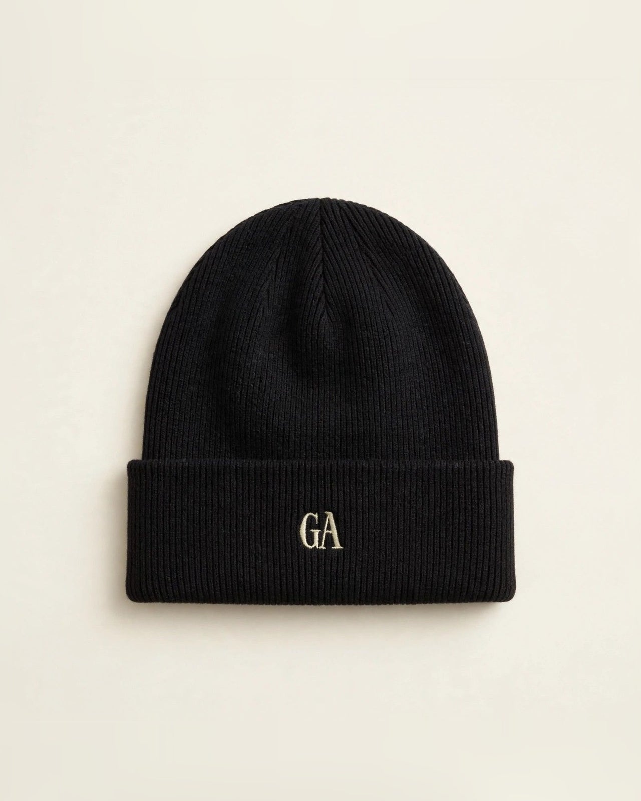 Black knit beanie with GA logo design in cream - Christian beanie