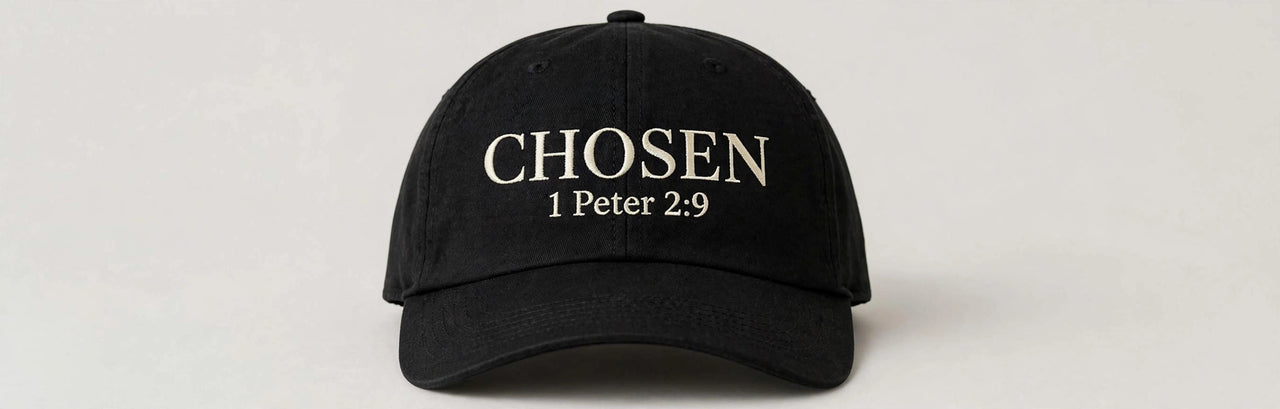 Black baseball cap with cream CHOSEN 1 Peter 2:9 print - Christian hat