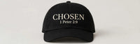Thumbnail for Black baseball cap with cream CHOSEN 1 Peter 2:9 print - Christian hat