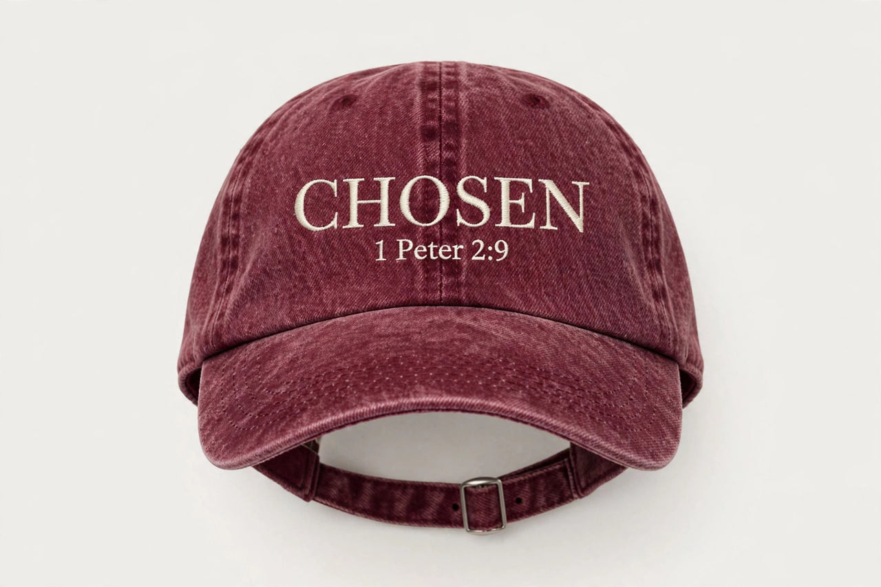 Wine red denim cap with cream CHOSEN 1 Peter 2:9 print - Christian hat