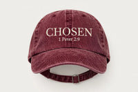 Thumbnail for Wine red denim cap with cream CHOSEN 1 Peter 2:9 print - Christian hat