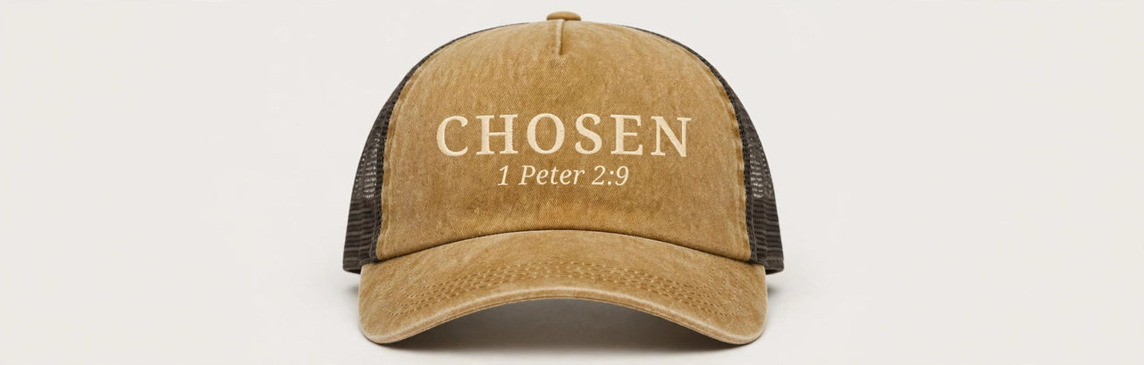 Mustard washed trucker cap with cream CHOSEN 1 Peter 2:9 print - Christian hat