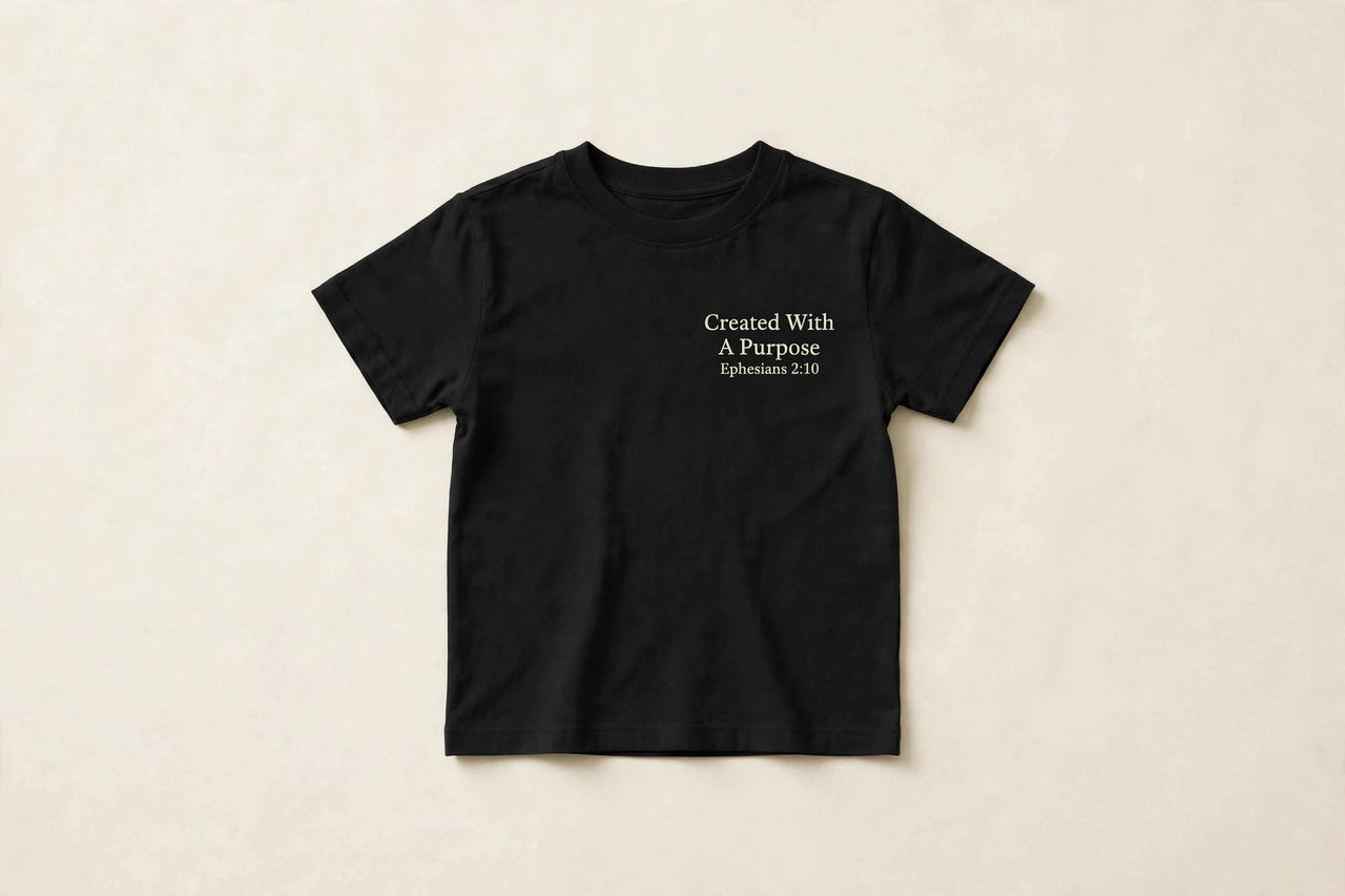 Black kids t-shirt with cream Created With A Purpose Ephesians 2:10 print on left chest - Christian kids shirt
