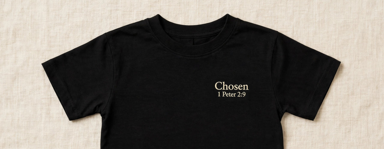 Black kids t-shirt with cream Chosen 1 Peter 2:9 print on left chest - Christian kids shirt