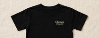 Thumbnail for Black kids t-shirt with cream Chosen 1 Peter 2:9 print on left chest - Christian kids shirt