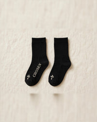 Thumbnail for Kids black socks with cream Chosen and Be The Light designs and cross at the toe - kids faith socks