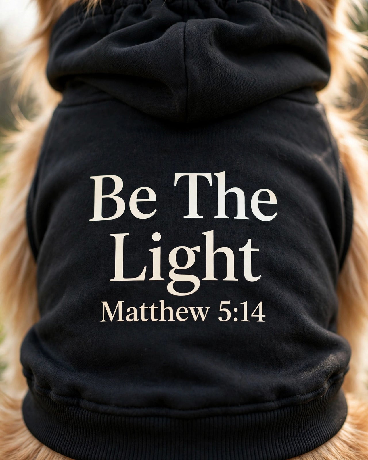 Be The Light Dog Hoodie - Black - close-up of fleece back print Be The Light Matthew 5:14