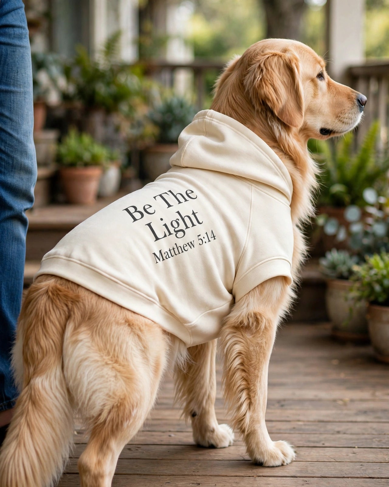 Be The Light Dog Hoodie - Cream - golden retriever beside owner on porch, back print Be The Light Matthew 5:14