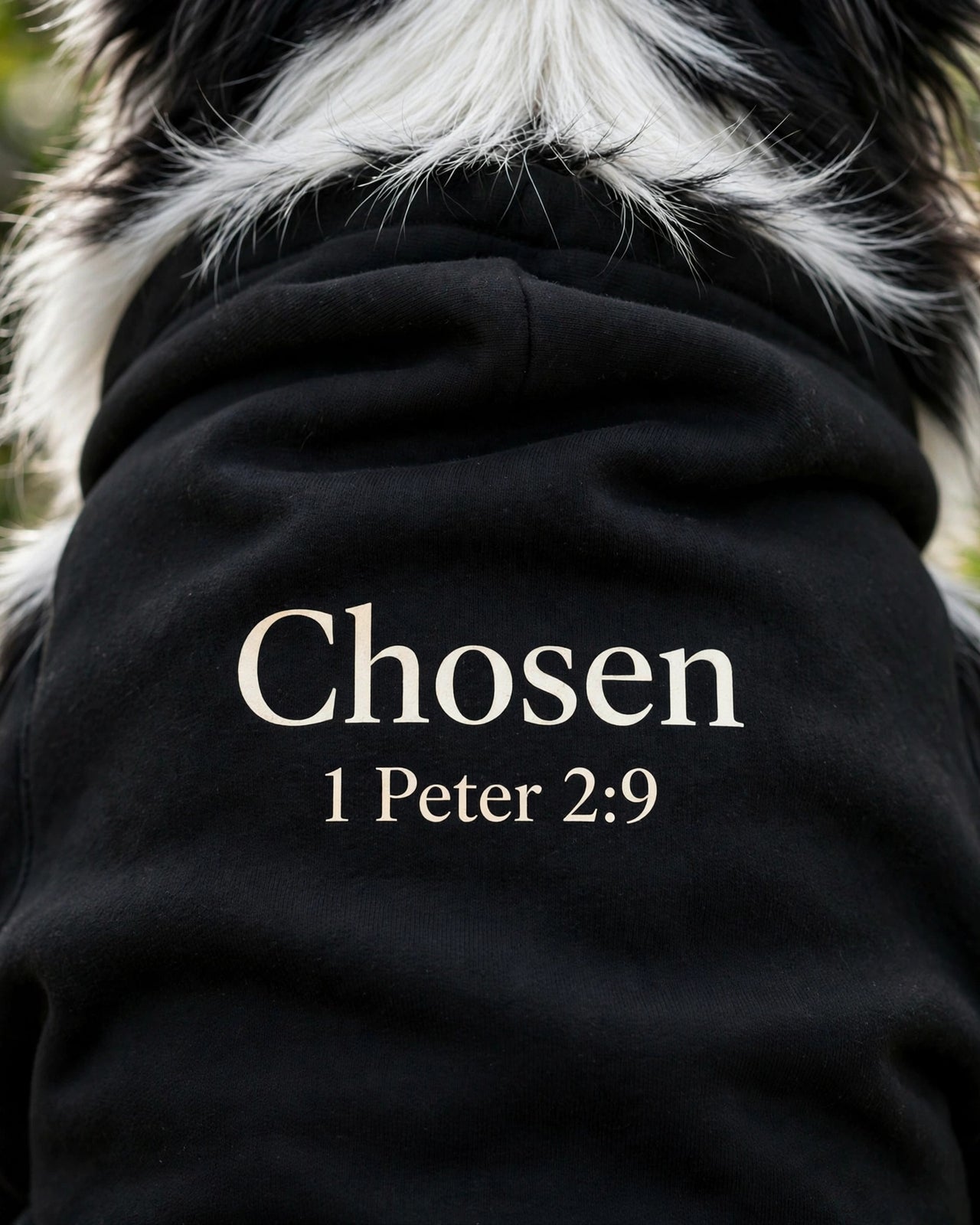 Chosen Dog Hoodie - Black - close-up of fleece back print Chosen 1 Peter 2:9