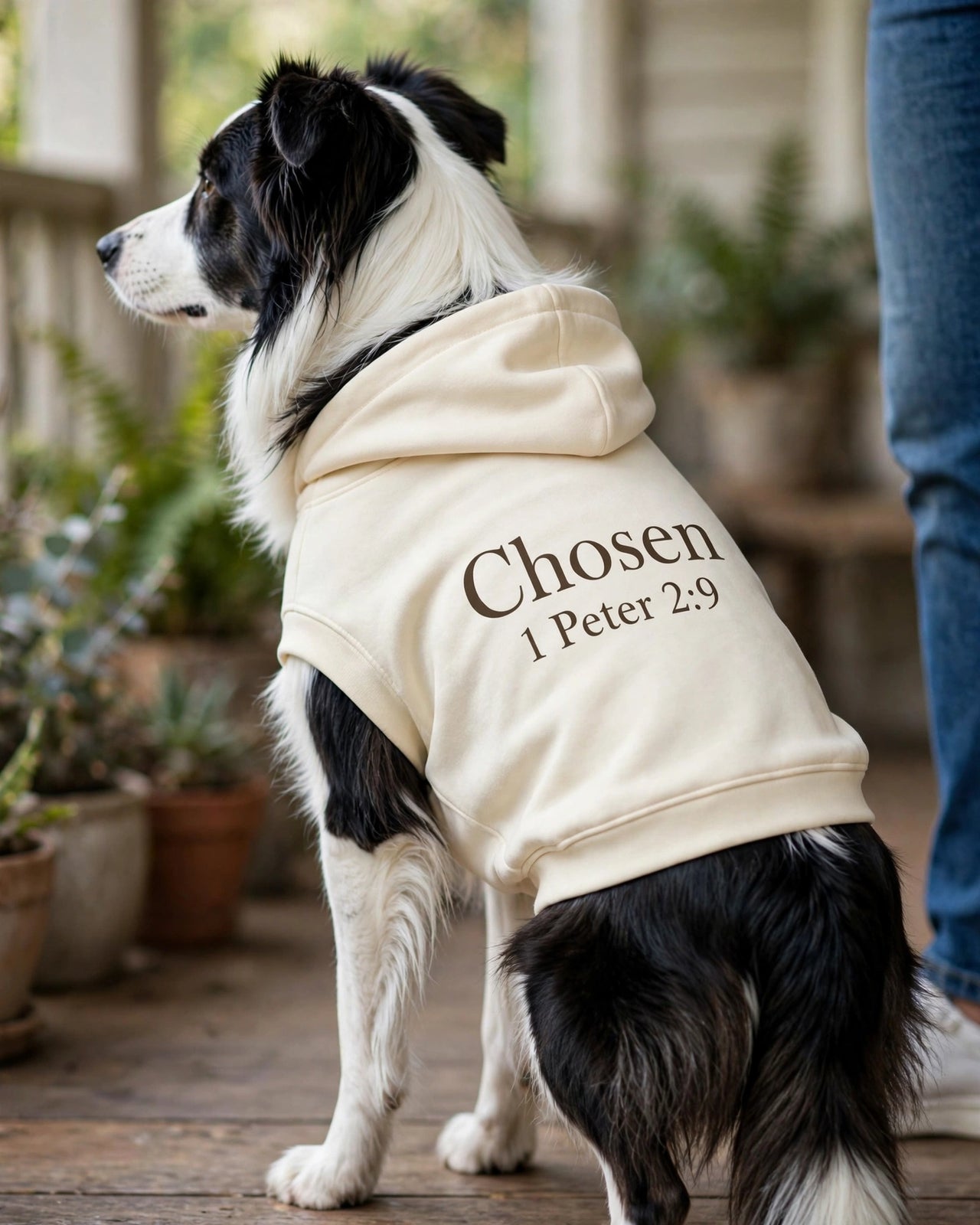 Chosen Dog Hoodie - Cream - border collie beside owner on porch, back print Chosen 1 Peter 2:9