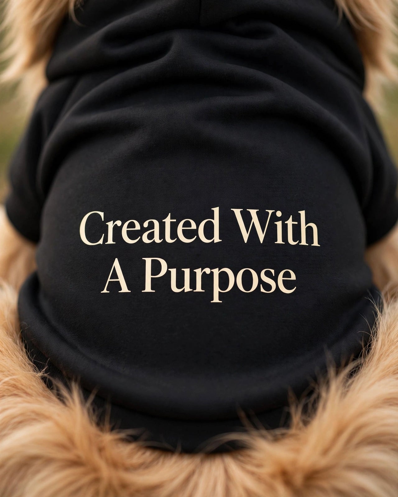 Created With A Purpose Dog Hoodie - Black - close-up of fleece back print Created With A Purpose stacked